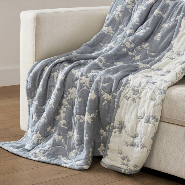 English Elm 1 Piece Heavyweight Cotton Jacquard Throw Woven Botanical Motif for Sofa or Bed Blue B035P529101
