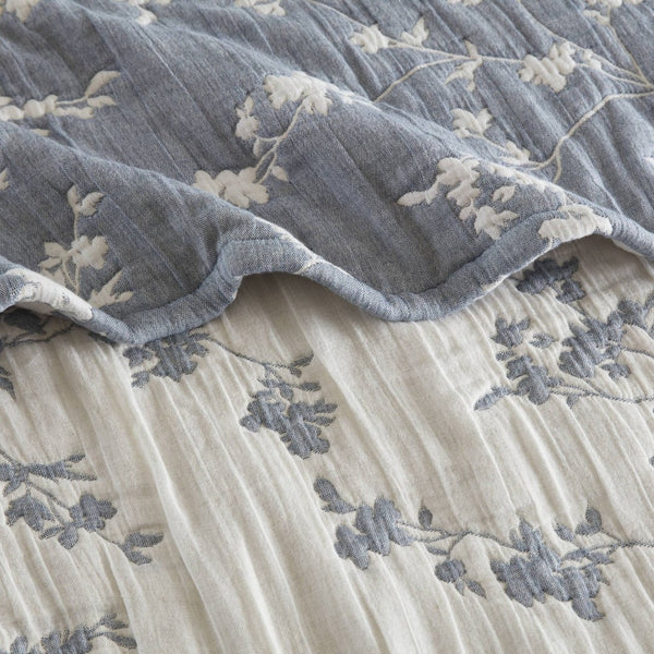 English Elm 1 Piece Heavyweight Cotton Jacquard Throw Woven Botanical Motif for Sofa or Bed Blue B035P529101