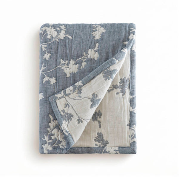 English Elm 1 Piece Heavyweight Cotton Jacquard Throw Woven Botanical Motif for Sofa or Bed Blue B035P529101