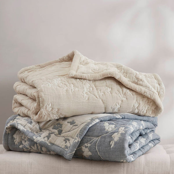 English Elm 1 Piece Heavyweight Cotton Jacquard Throw Woven Botanical Motif for Sofa or Bed Blue B035P529101