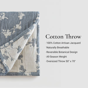English Elm 1 Piece Heavyweight Cotton Jacquard Throw Woven Botanical Motif for Sofa or Bed Blue B035P529101