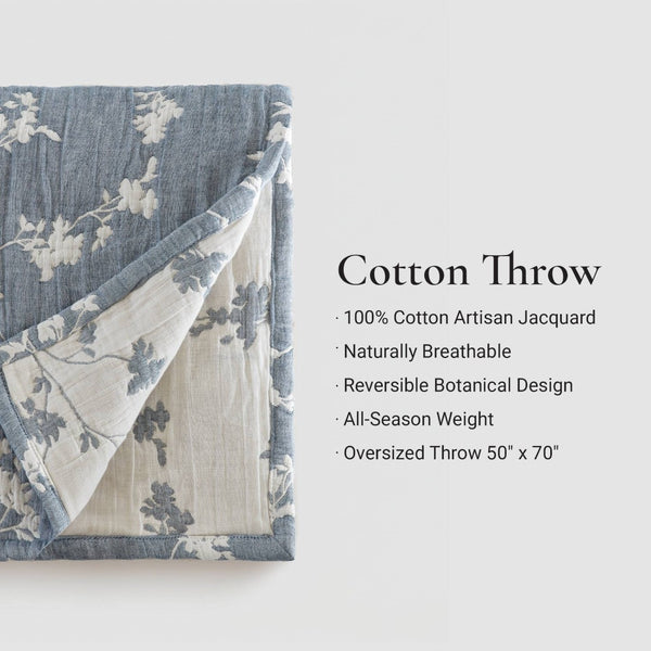 English Elm 1 Piece Heavyweight Cotton Jacquard Throw Woven Botanical Motif for Sofa or Bed Blue B035P529101