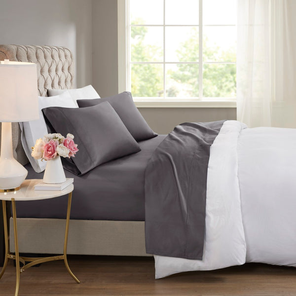 English Elm 4 Piece Cooling Sateen Sheet Set with Peached Finish for Hot Sleepers Bedroom Comfort Charcoal King B035P529124