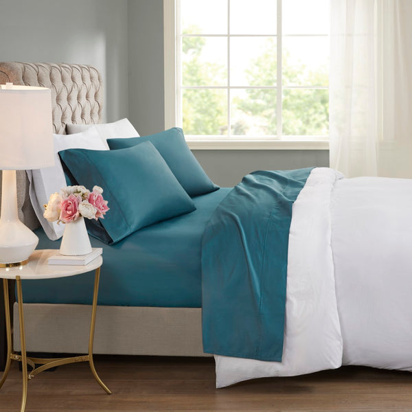English Elm 4 Piece Cooling Sateen Sheet Set with Peached Finish for Hot Sleepers Bedroom Comfort Teal Cal King B035P529128