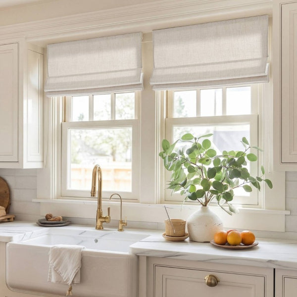 English Elm 1 Cordless Roman Shade Linen Textured Woven Fabric Room Darkening for Bedroom White B035P529156