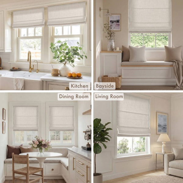 English Elm 1 Cordless Roman Shade Linen Textured Woven Fabric Room Darkening for Bedroom White B035P529156