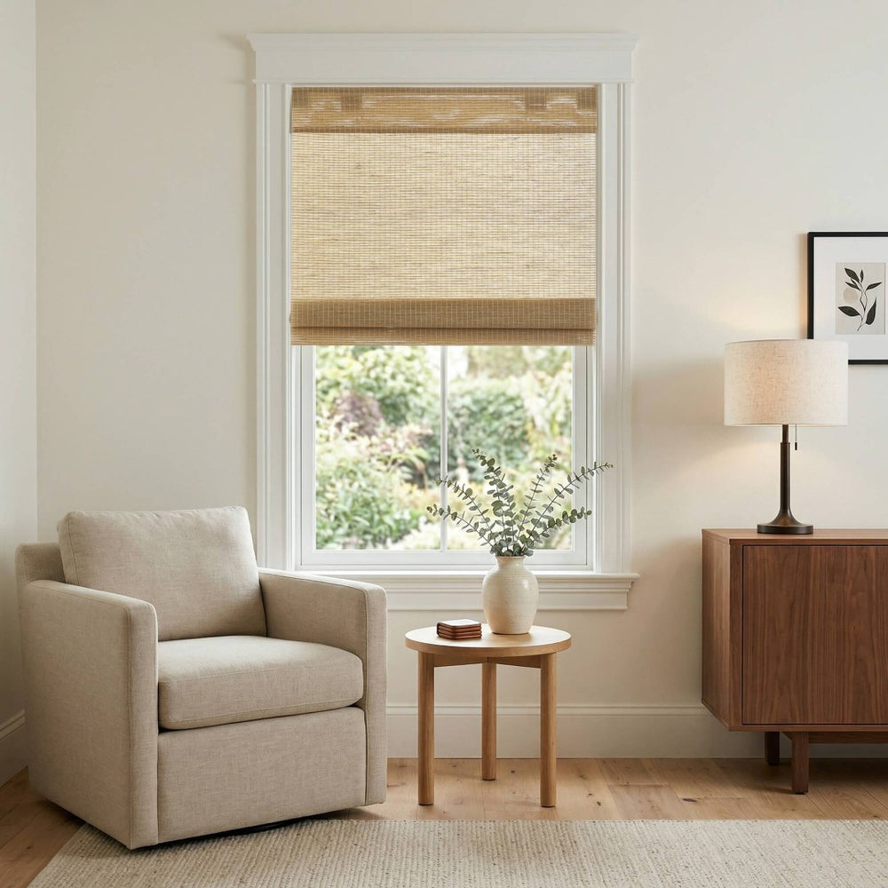 English Elm 1 Cordless No Drill Jute Paper Woven Roman Shade Light Filtering Neutral Window B035P529164