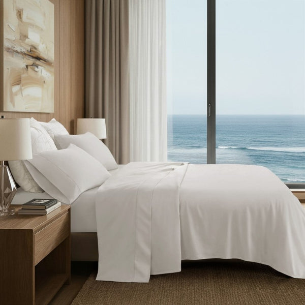 English Elm 4 Piece Cal King Supima Cotton Sateen Sheet Set with Deep Pocket Fitted and Hem Detail White B035P529180