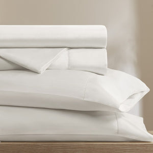 English Elm 4 Piece Cal King Supima Cotton Sateen Sheet Set with Deep Pocket Fitted and Hem Detail White B035P529180