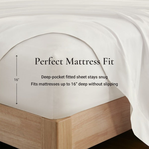 English Elm 4 Piece Cal King Supima Cotton Sateen Sheet Set with Deep Pocket Fitted and Hem Detail White B035P529180