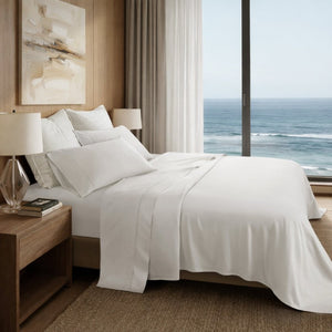 English Elm 4 Piece Cal King Supima Cotton Sateen Sheet Set with Deep Pocket Fitted and Hem Detail White B035P529180