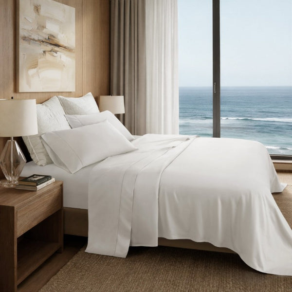 English Elm 4 Piece Cal King Supima Cotton Sateen Sheet Set with Deep Pocket Fitted and Hem Detail White B035P529180
