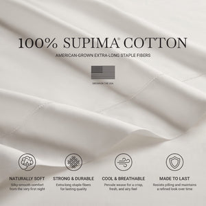 English Elm 4 Piece Cal King Supima Cotton Sateen Sheet Set with Deep Pocket Fitted and Hem Detail White B035P529180