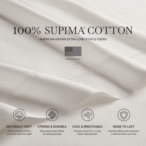 English Elm 4 Piece Cal King Supima Cotton Sateen Sheet Set with Deep Pocket Fitted and Hem Detail White B035P529180