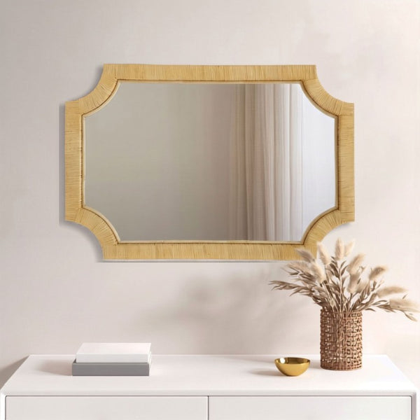 English Elm 1-Piece Handcrafted Rattan Rectangular Wall Mirror for Bohemian Coastal Bedroom Decor B035P549260