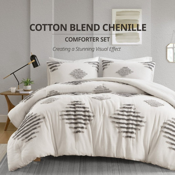 English Elm 3-Piece Tufted Chenille Comforter Set Full Queen Cotton Blend Hypoallergenic Bedding B035P549268