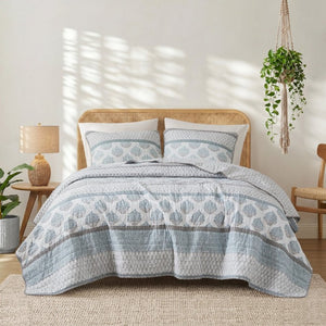 English Elm 3-Piece Cotton Quilt Set Medallion Block Print Reversible Geometric Coastal Bedroom Softness Aqua B035P549272