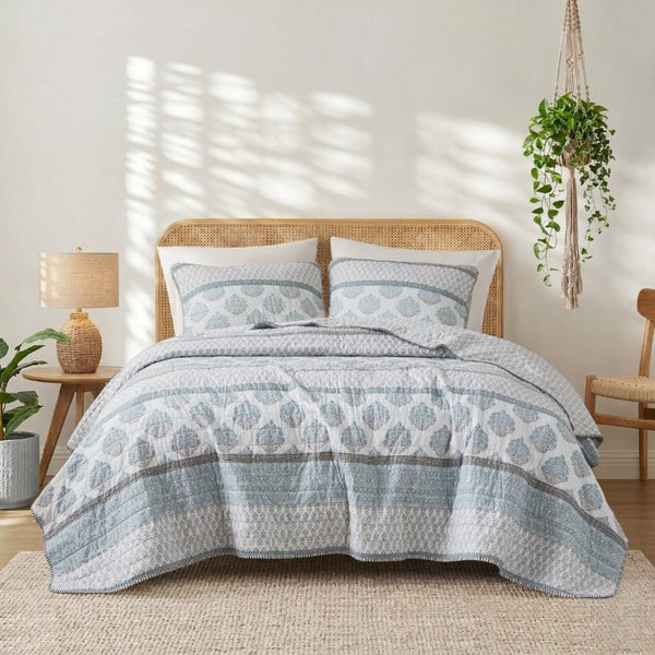 English Elm 3-Piece Cotton Quilt Set Medallion Block Print Reversible Geometric Coastal Bedroom Softness Aqua B035P549272