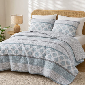 English Elm 3-Piece Cotton Quilt Set Medallion Block Print Reversible Geometric Coastal Bedroom Softness Aqua B035P549272