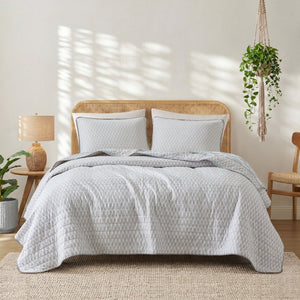 English Elm 3-Piece Cotton Quilt Set Medallion Block Print Reversible Geometric Coastal Bedroom Softness Aqua B035P549272