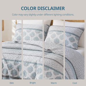 English Elm 3-Piece Cotton Quilt Set Medallion Block Print Reversible Geometric Coastal Bedroom Softness Aqua B035P549272