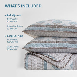 English Elm 3-Piece Cotton Quilt Set Medallion Block Print Reversible Geometric Coastal Bedroom Softness Aqua B035P549272