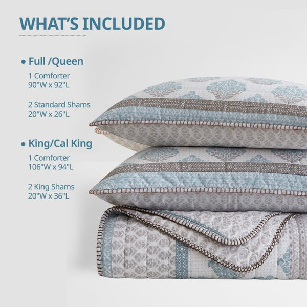 English Elm 3-Piece Cotton Quilt Set Medallion Block Print Reversible Geometric Coastal Bedroom Softness Aqua B035P549272