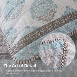 English Elm 3-Piece Cotton Quilt Set Medallion Block Print Reversible Geometric Coastal Bedroom Softness Aqua B035P549272