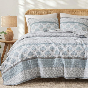 English Elm 3-Piece Cotton Quilt Set Medallion Block Print Reversible Geometric Coastal Bedroom Softness Aqua B035P549272