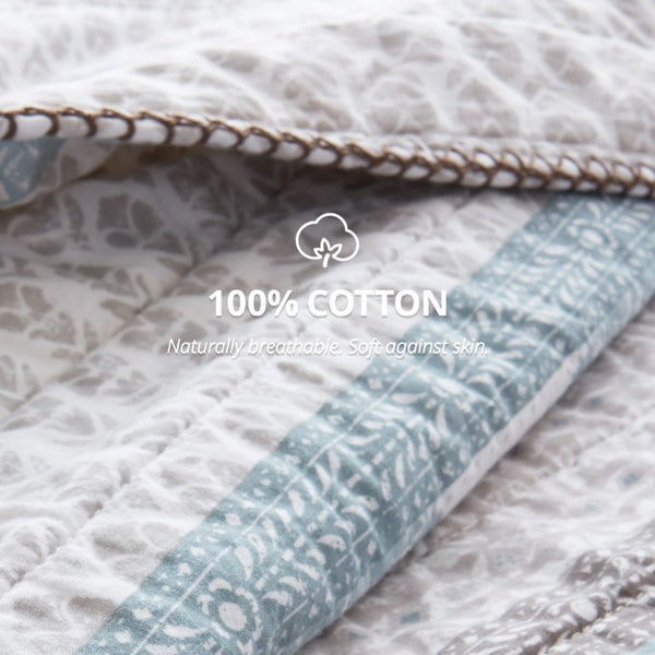 English Elm 3-Piece Cotton Quilt Set Medallion Block Print Reversible Geometric Coastal Bedroom Softness Aqua B035P549272