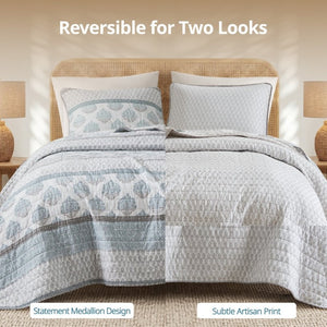English Elm 3-Piece Cotton Quilt Set Medallion Block Print Reversible Geometric Coastal Bedroom Softness Aqua B035P549272