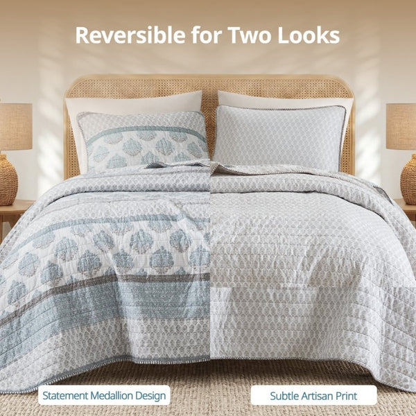 English Elm 3-Piece Cotton Quilt Set Medallion Block Print Reversible Geometric Coastal Bedroom Softness Aqua B035P549272