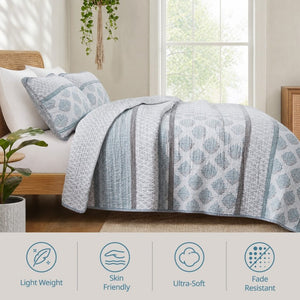 English Elm 3-Piece Cotton Quilt Set Medallion Block Print Reversible Geometric Coastal Bedroom Softness Aqua B035P549272