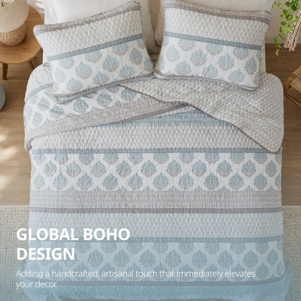 English Elm 3-Piece Cotton Quilt Set Medallion Block Print Reversible Geometric Coastal Bedroom Softness Aqua B035P549272