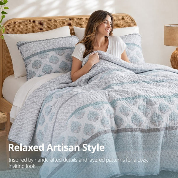 English Elm 3-Piece Cotton Quilt Set Medallion Block Print Reversible Geometric Coastal Bedroom Softness Aqua B035P549272