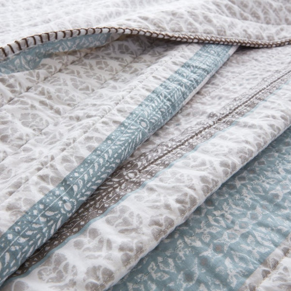 English Elm 3-Piece Cotton Quilt Set Medallion Block Print Reversible Geometric Coastal Bedroom Softness Aqua B035P549272