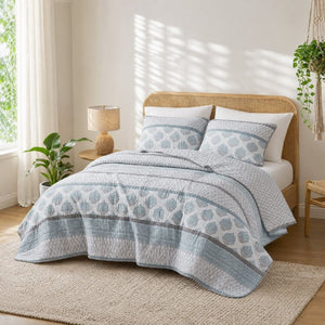 English Elm 3-Piece Cotton Quilt Set Medallion Block Print Reversible Geometric Coastal Bedroom Softness Aqua B035P549272