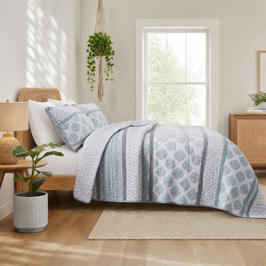 English Elm 3-Piece Cotton Quilt Set Medallion Block Print Reversible Geometric Coastal Bedroom Softness Aqua B035P549272