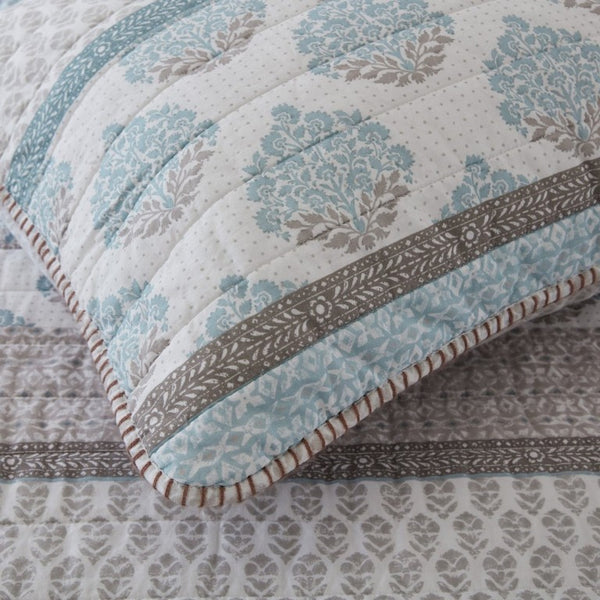 English Elm 3-Piece Cotton Quilt Set Medallion Block Print Reversible Geometric Coastal Bedroom Softness Aqua B035P549272