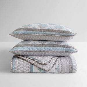 English Elm 3-Piece Cotton Quilt Set Medallion Block Print Reversible Geometric Coastal Bedroom Softness Aqua B035P549272