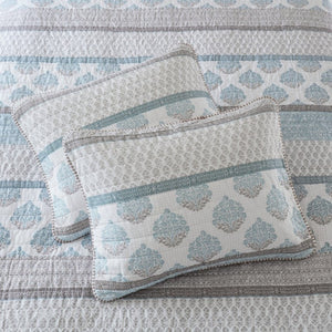 English Elm 3-Piece Cotton Quilt Set Medallion Block Print Reversible Geometric Coastal Bedroom Softness Aqua B035P549272
