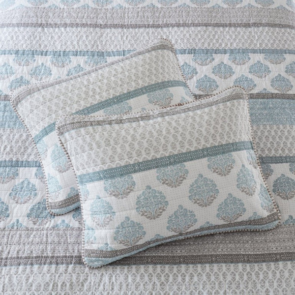 English Elm 3-Piece Cotton Quilt Set Medallion Block Print Reversible Geometric Coastal Bedroom Softness Aqua B035P549272