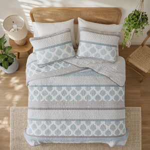 English Elm 3-Piece Cotton Quilt Set Medallion Block Print Reversible Geometric Coastal Bedroom Softness Aqua B035P549272