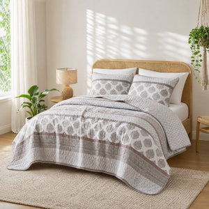 English Elm 3-Piece Cotton Quilt Set Medallion Block Print Reversible Geometric Coastal Bedroom Softness Clay B035P549274