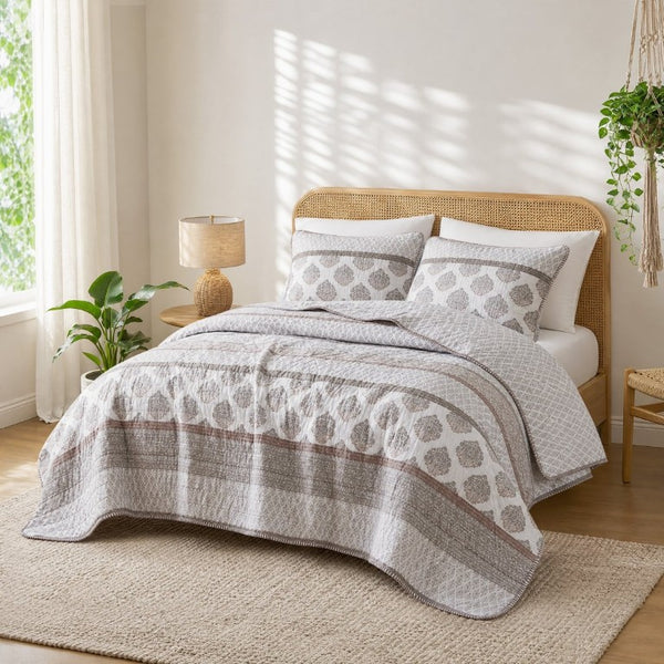 English Elm 3-Piece Cotton Quilt Set Medallion Block Print Reversible Geometric Coastal Bedroom Softness Clay B035P549274