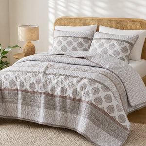 English Elm 3-Piece Cotton Quilt Set Medallion Block Print Reversible Geometric Coastal Bedroom Softness Clay B035P549274