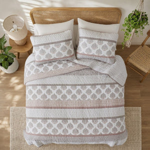 English Elm 3-Piece Cotton Quilt Set Medallion Block Print Reversible Geometric Coastal Bedroom Softness Clay B035P549274