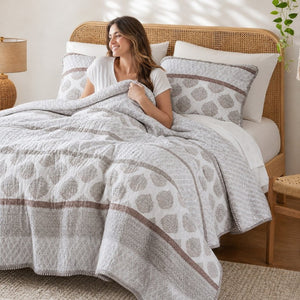 English Elm 3-Piece Cotton Quilt Set Medallion Block Print Reversible Geometric Coastal Bedroom Softness Clay B035P549274