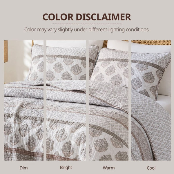 English Elm 3-Piece Cotton Quilt Set Medallion Block Print Reversible Geometric Coastal Bedroom Softness Clay B035P549274