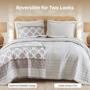 English Elm 3-Piece Cotton Quilt Set Medallion Block Print Reversible Geometric Coastal Bedroom Softness Clay B035P549274
